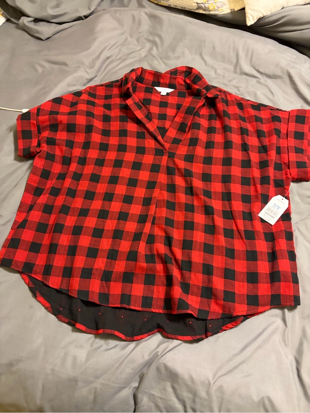 Time and Tru Red and Black Buffalo Plaid Short Sleeve Blouse